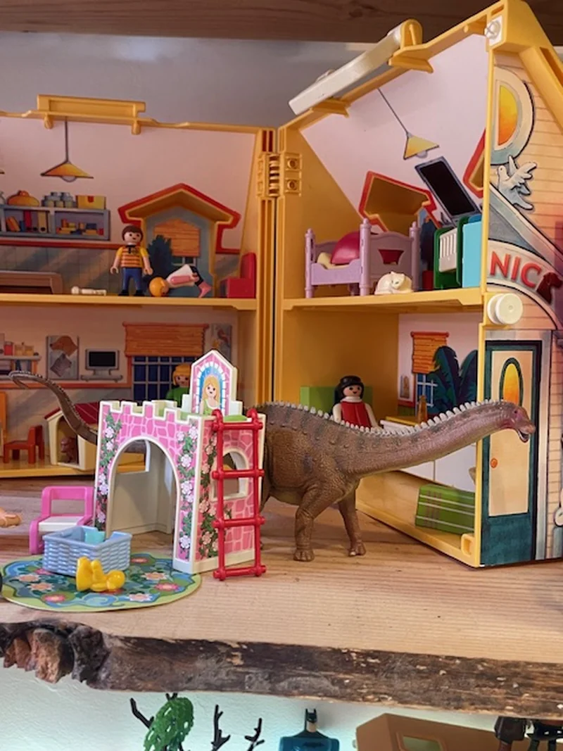 Espace enfant : étagères avec jeux, livres et jouets.